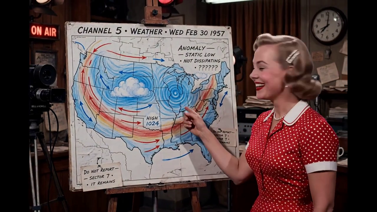 The Astro Girl weather girl in a red polka dot shirt, pointing at the Sector 7 anomaly on a 1957 Channel 5 weather map