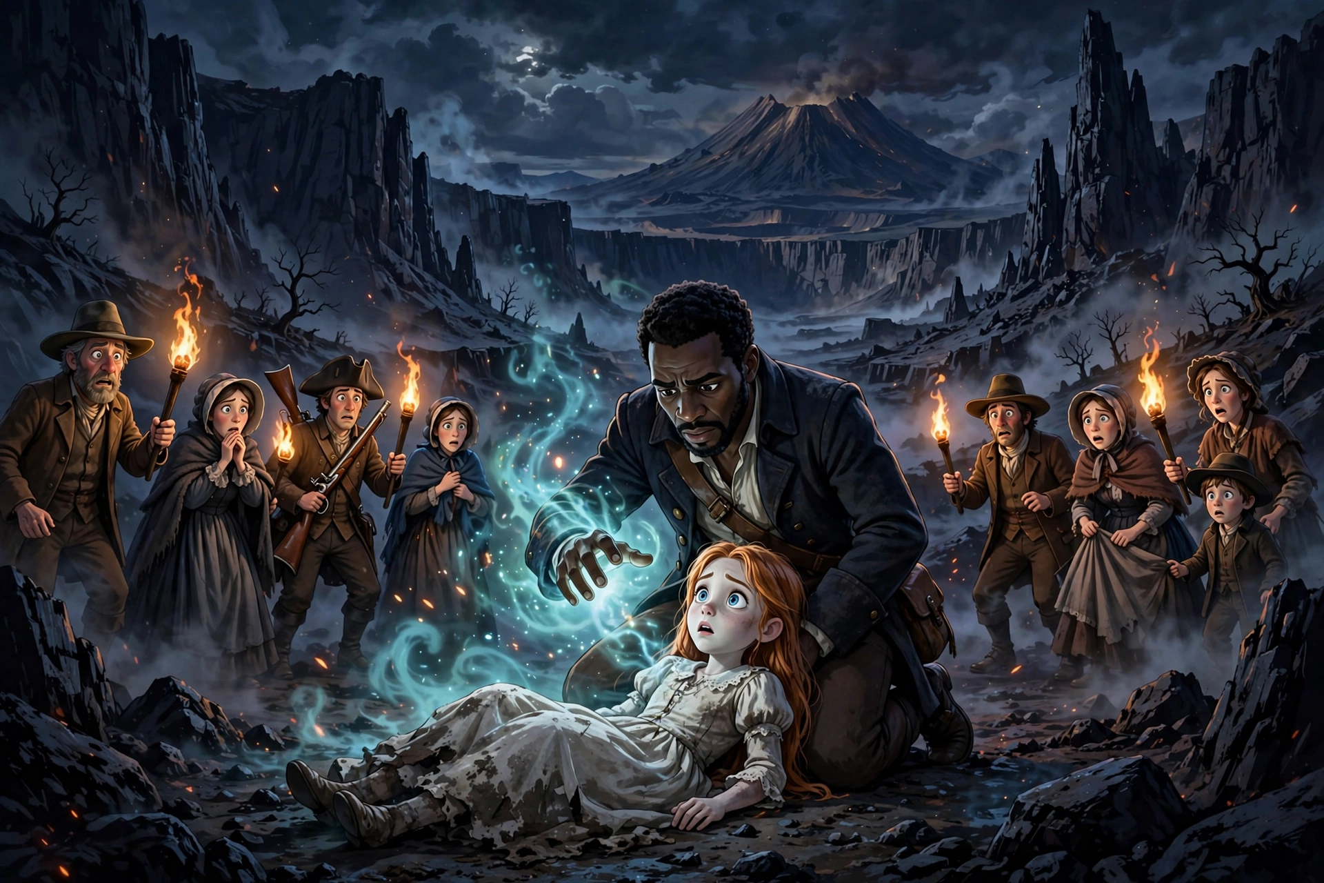 Kwame kneeling over Ruth as she opens her eyes, settlers circled with torches