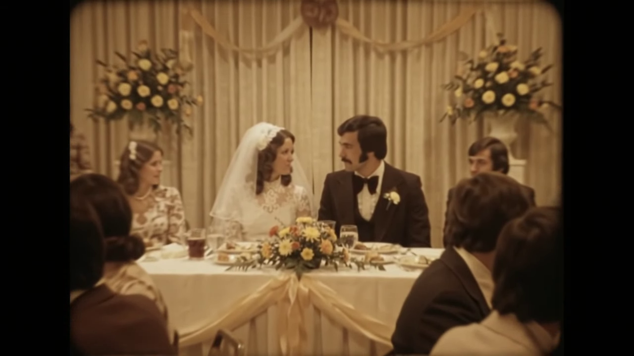 A 1970s bride and groom at the head table, from the Something Blue preview footage