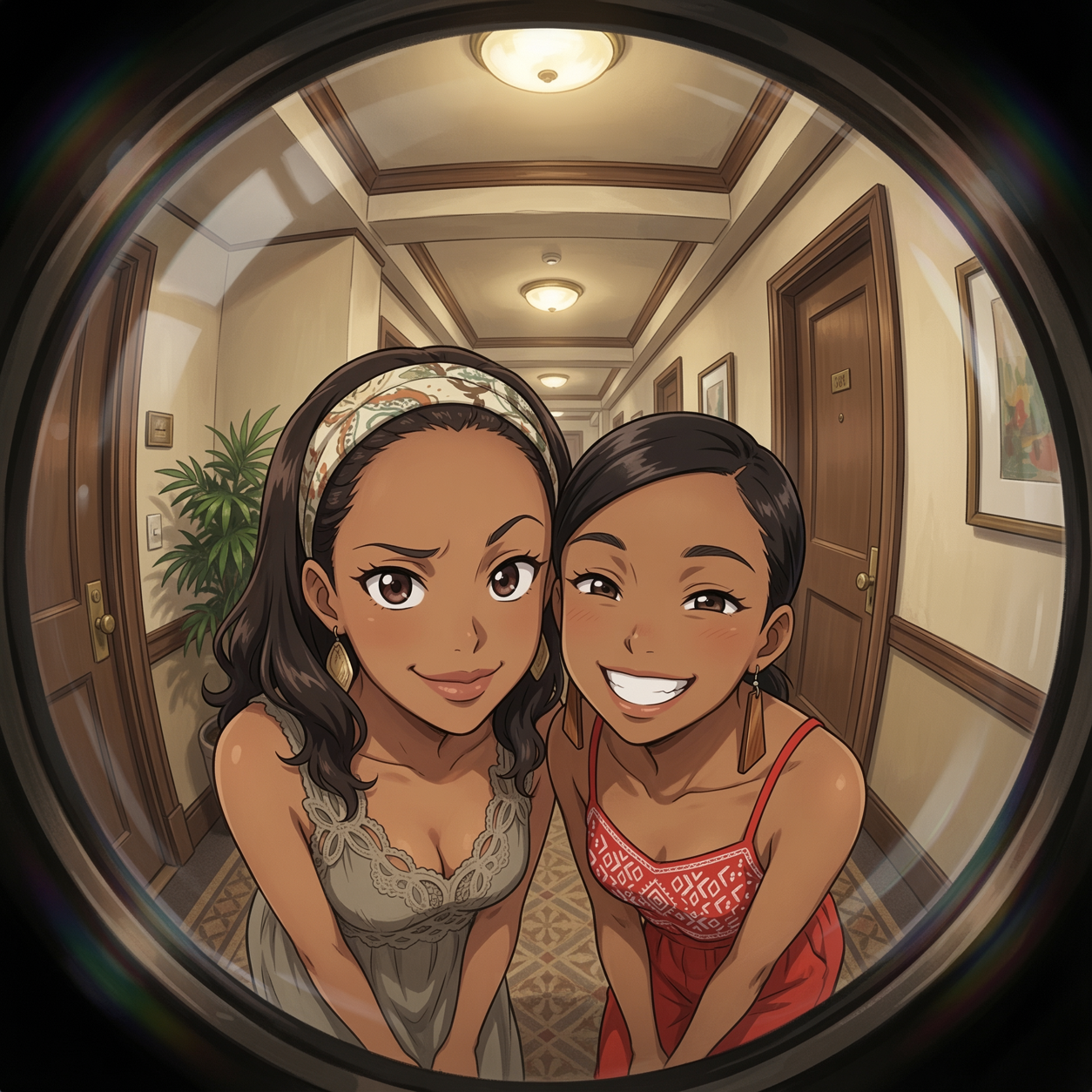Two young women leaning into a fisheye door lens in a warm hallway, the style reference for the next JR Doghouse cartoon